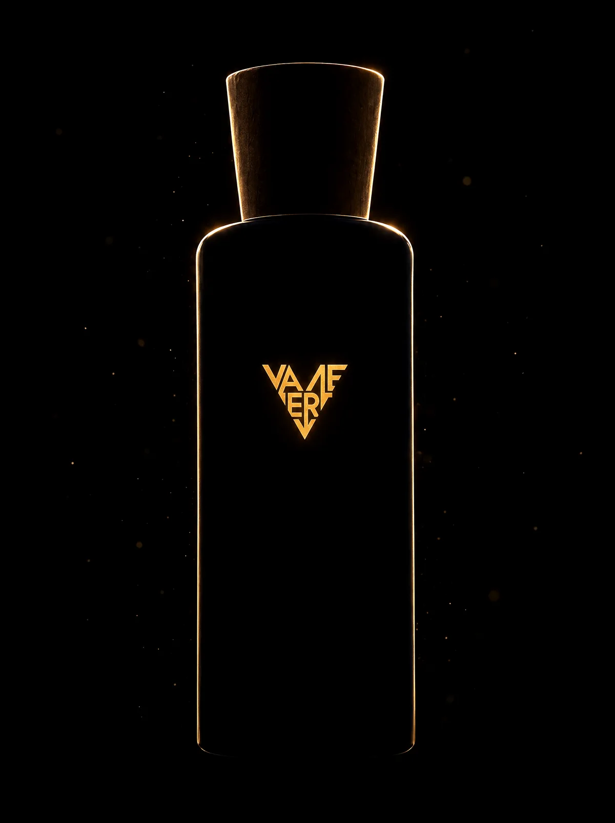 A VALERIE bottle in shadow, its gold monogram glowing
